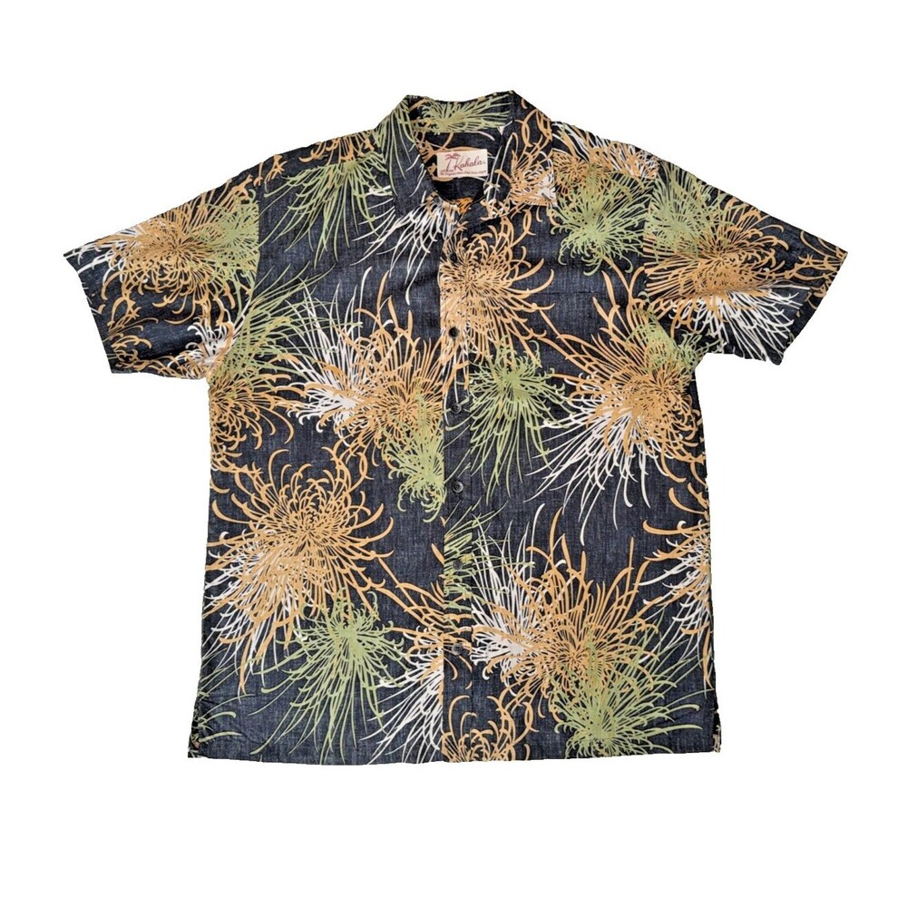 Kahala Hawaiian Aloha Shirt Large L Mens Botanical Orange Black Cotton Button Up